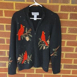 B19 Tiara International Black Cardigan with Cardinals And Lots Of Beading Sz Med
